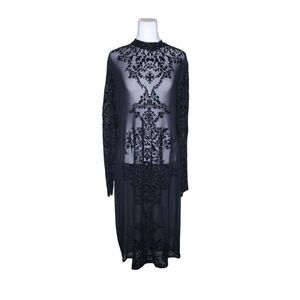 Vintage 90s Sheer Burnout Long Sleeve Dress Floral Womens Size L Black
